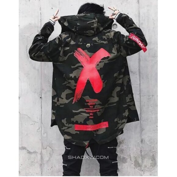 SZS Hooded Camo Jacket XL Canvas Oversized Gorpcore Graphic Print Spellout - Picture 1 of 13